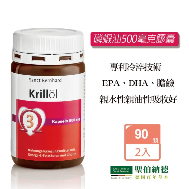【Sanct Bernhard 聖伯納德】德國百年草本 磷蝦油500毫克膠囊X2入 (90顆/瓶 OMEGA-3 DHA 蝦紅素)