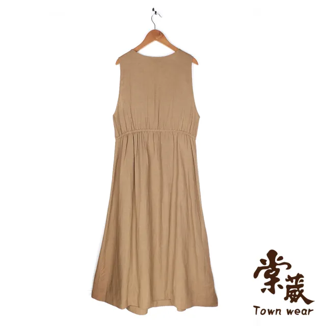 【TOWN’WEAR 棠葳】休閒亞麻無袖洋裝(ONE SIZE/裙子/中長裙/口袋/蝴蝶結/修身/休閒)