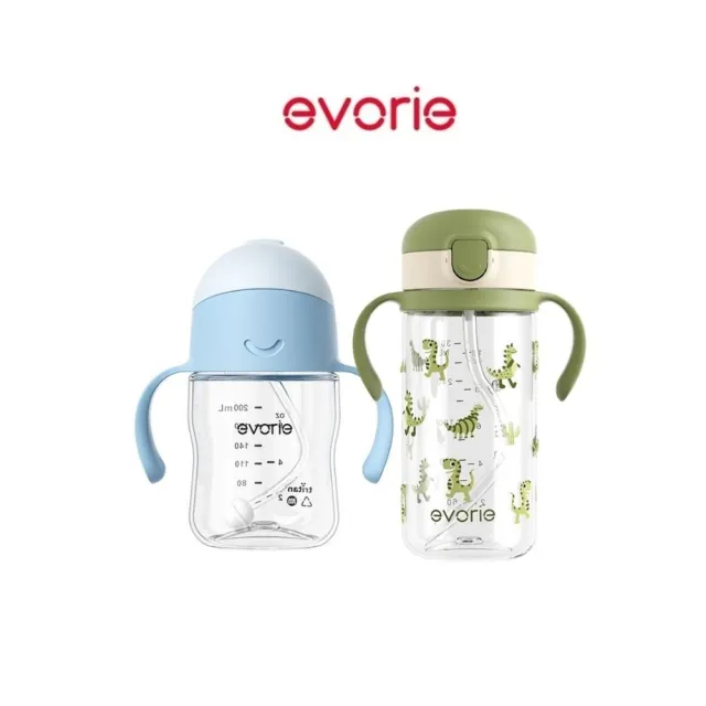 【Evorie】Tritan 200mL+300mL學飲吸管水杯組(總代理公司貨/微笑水杯)