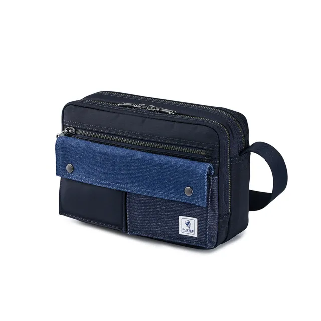 【PORTER INTERNATIONAL】牛仔拼接PATCH WORK雙層斜背包-S(深藍色)