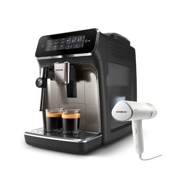 【Philips 飛利浦】雙溫萃取全自動義式咖啡機 經典銀(EP3326/94)+手持式蒸氣掛燙機 白金(STH3020)