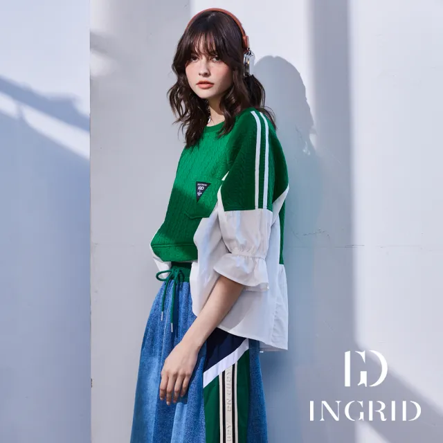 【IGD 英格麗】實體同步款-立體針織感壓紋拼接荷葉袖上衣-綠色