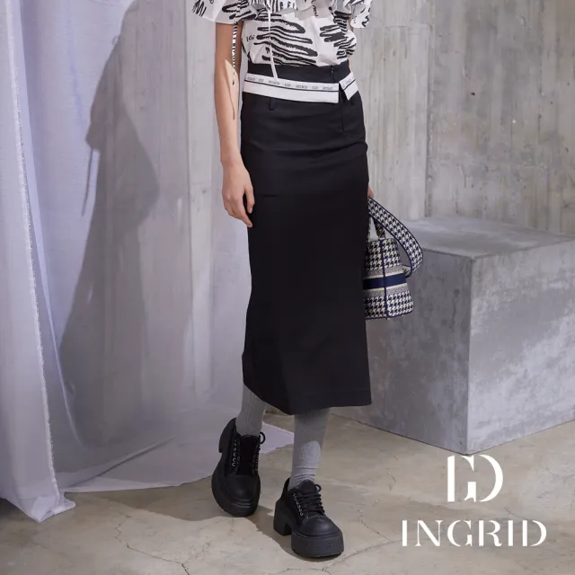 【IGD 英格麗】實體同步款-英式簡約都會翻折長裙-黑色