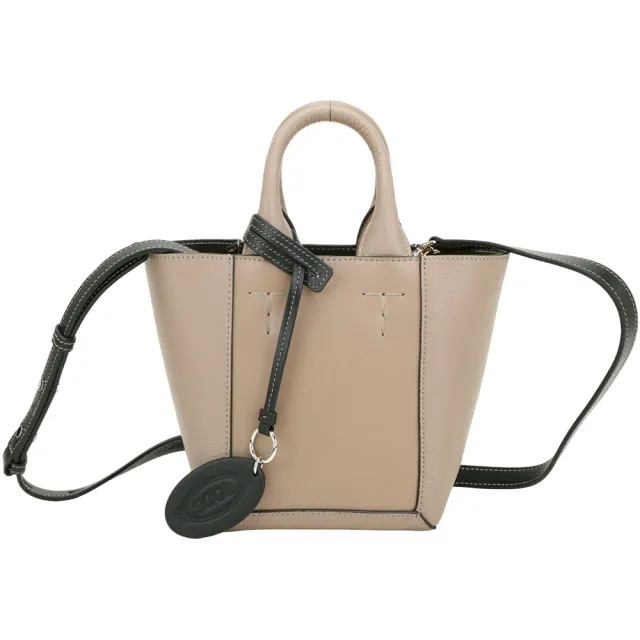 【TOD’S】TODS Double Up 迷你型 荔紋牛皮拼接手提 肩背托特包-附吊飾 奶茶色(義大利手工皮革)