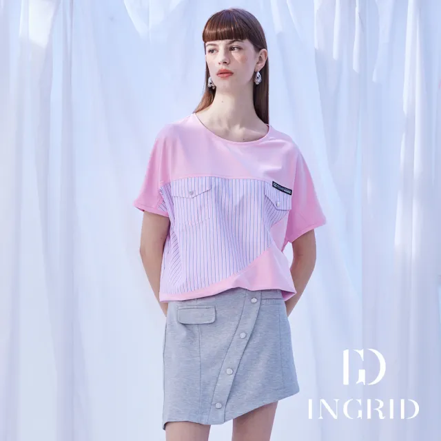 【IGD 英格麗】實體同步款-條紋拼接雙口袋寬版上衣-粉紅
