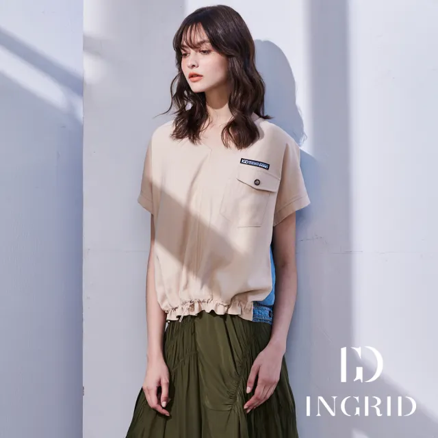 【IGD 英格麗】實體同步款-牛仔拼接V領抽繩上衣-杏色