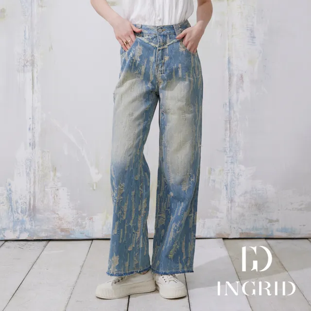 【IGD 英格麗】實體同步款-復古刷破感刷色直筒牛仔褲-藍色