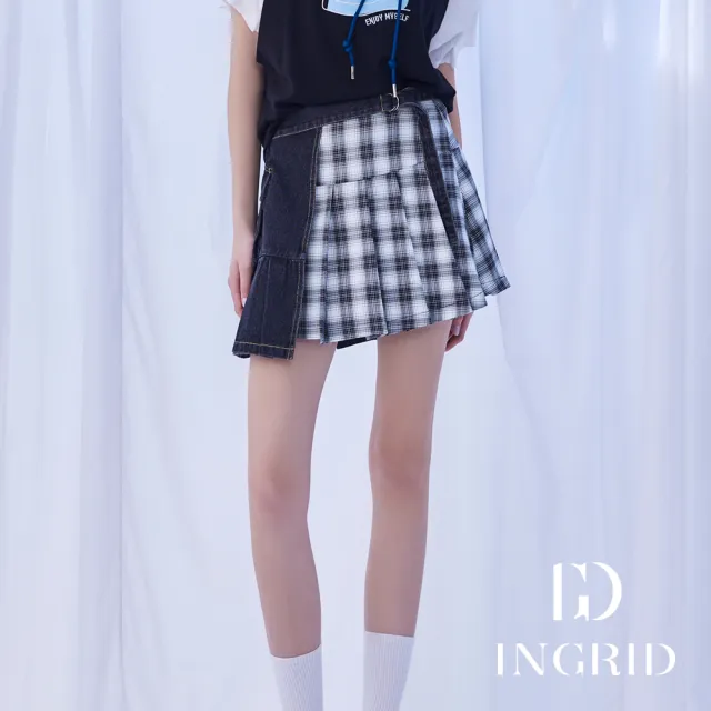 【IGD 英格麗】實體同步款-牛仔格紋拼接百褶短裙-灰色