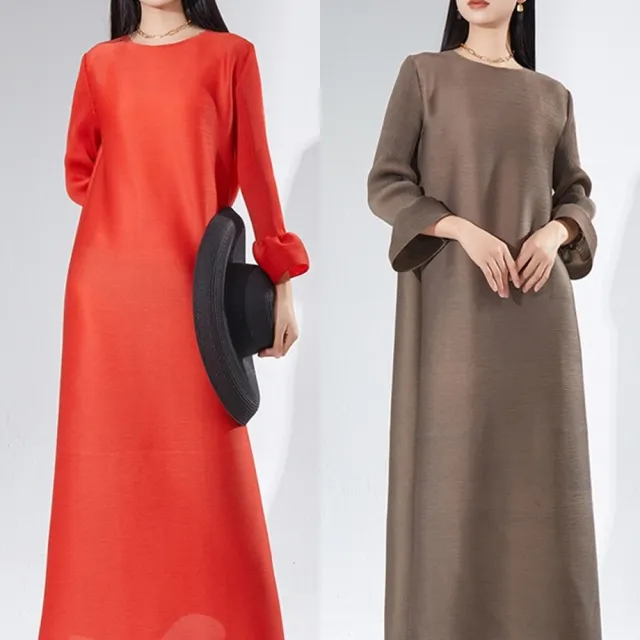 【巴黎精品】三宅風皺褶衣服洋裝(長袖摺衣壓褶長款春秋高級感A字裙折衣女裙子4色n1jq77)