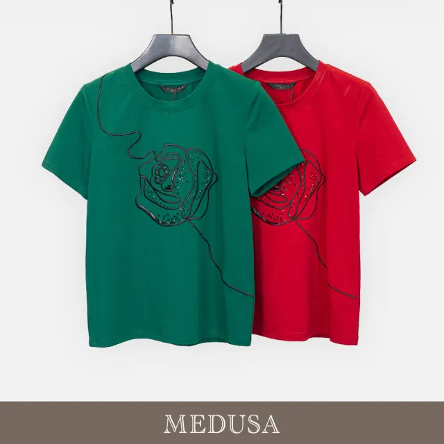 【MEDUSA 曼度莎】現貨-玫瑰花線條刺繡水鑽T恤 - 2色（M-XL）｜短袖T恤 休閒穿搭 休閒上衣