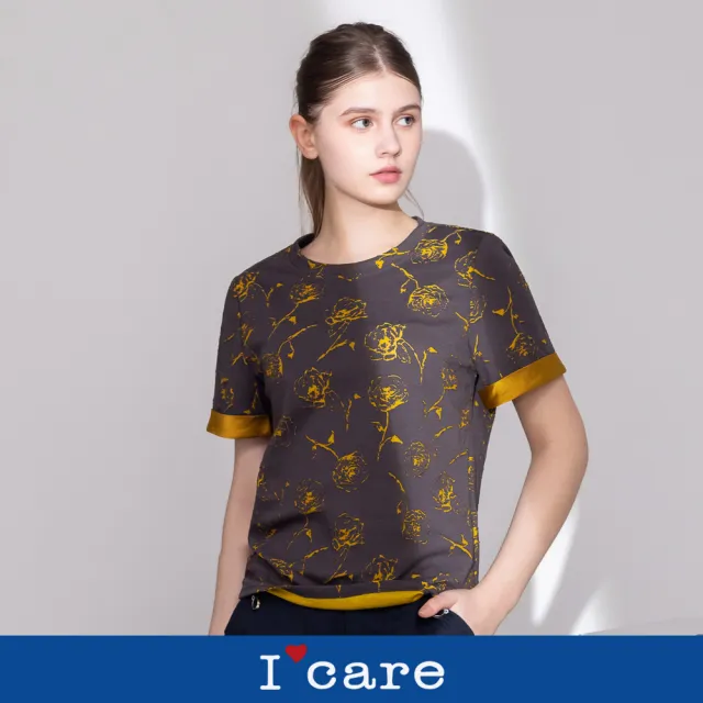 【I’Care 依卡】現貨-玫瑰印花金邊袖口短袖T恤（M-XL）｜印花T恤 休閒上衣 夏季穿搭