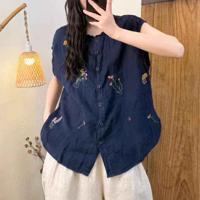 【AKARA】繡花巧思涼感散熱棉麻無袖上衣 中大尺碼 M-3XL