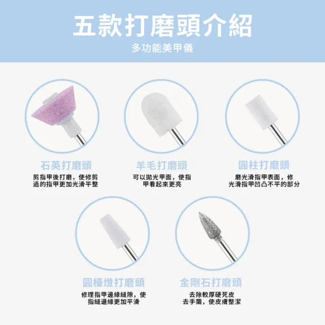 【YUNMI】電動美甲打磨器 便攜充電式美甲打磨機 指甲拋光磨甲器 卸甲 磨甲機 美甲工具（附5款打磨頭）