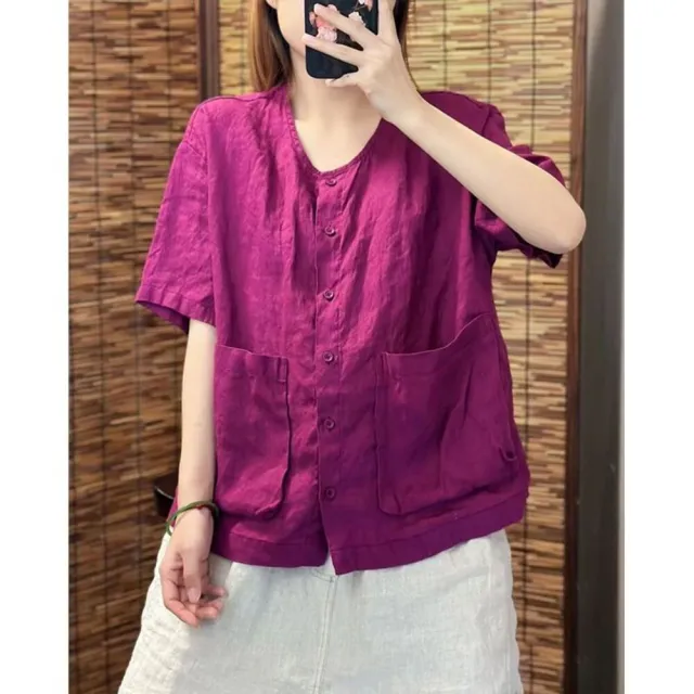 【AKARA】大口袋涼感散熱棉麻圓領短袖襯衫上衣 5色 中大尺碼 M-3XL
