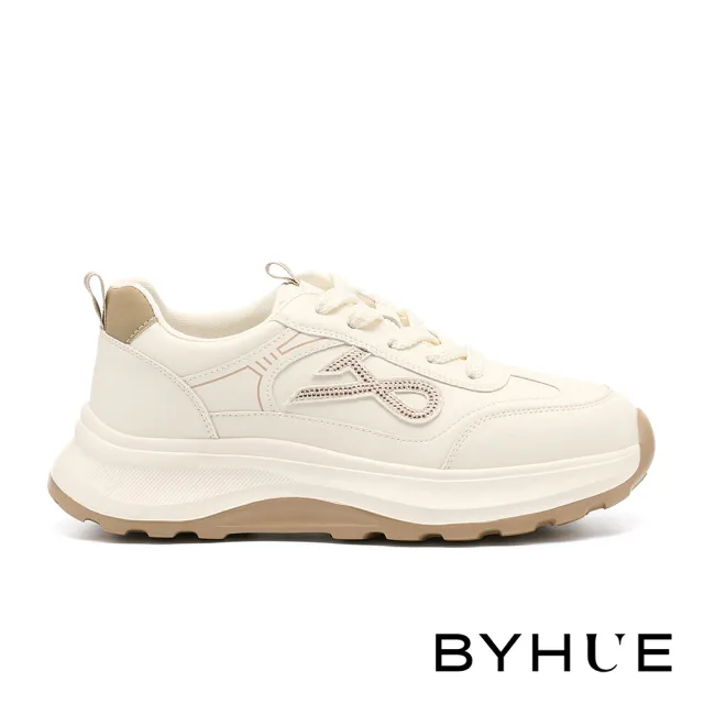 【BYHUE】精緻率性線條燙鑽牛皮綁帶軟芯微Q底厚底休閒鞋(米)