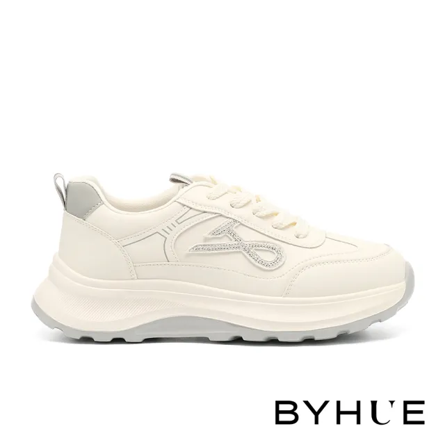 【BYHUE】精緻率性線條燙鑽牛皮綁帶軟芯微Q底厚底休閒鞋(銀)
