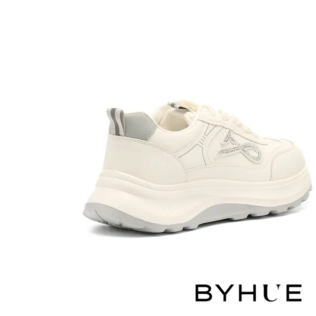 【BYHUE】精緻率性線條燙鑽牛皮綁帶軟芯微Q底厚底休閒鞋(銀)