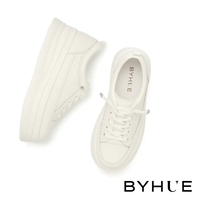 【BYHUE】日常舒適彈力鞋帶壓紋牛皮厚底休閒鞋(白)