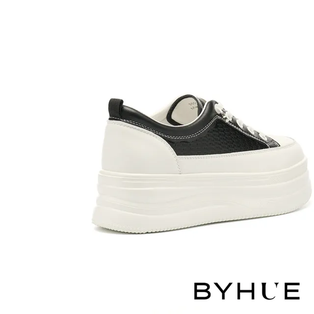 【BYHUE】日常舒適彈力鞋帶壓紋牛皮厚底休閒鞋(黑)