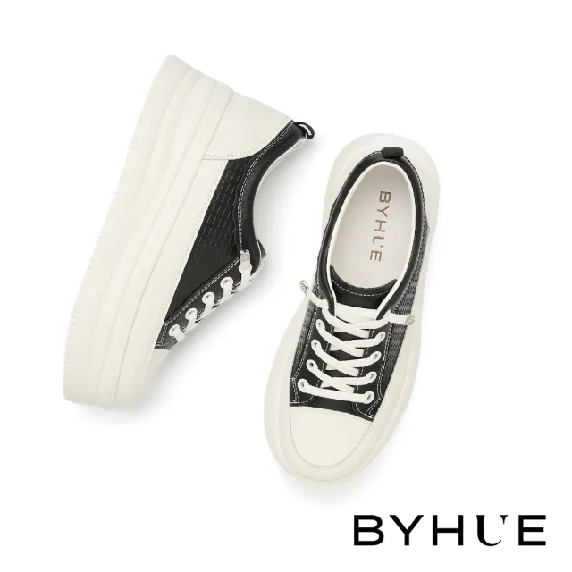 【BYHUE】日常舒適彈力鞋帶壓紋牛皮厚底休閒鞋(黑)
