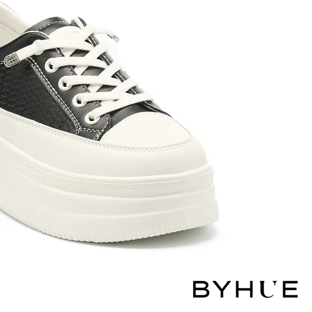 【BYHUE】日常舒適彈力鞋帶壓紋牛皮厚底休閒鞋(黑)