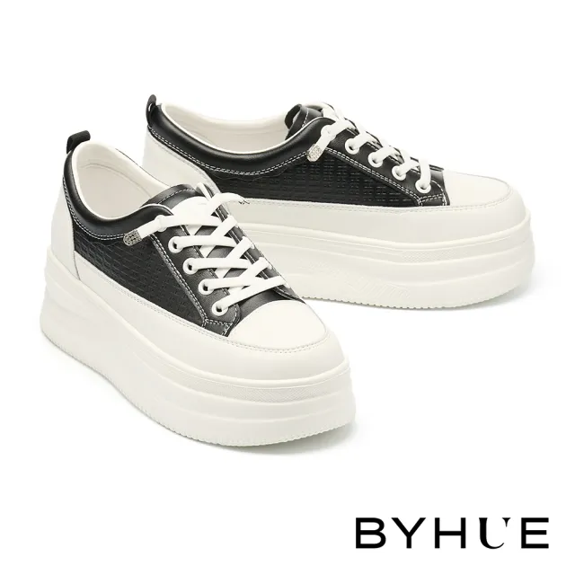 【BYHUE】日常舒適彈力鞋帶壓紋牛皮厚底休閒鞋(黑)