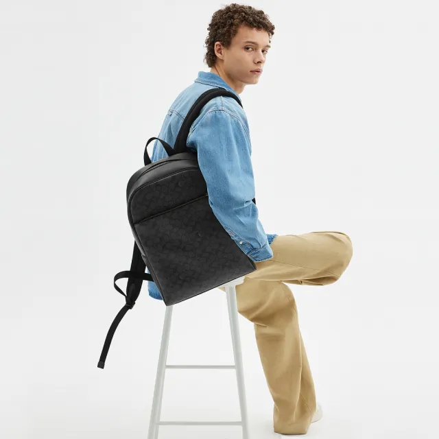 【COACH】蔻馳官方直營 經典 SIGNATURE OWEN後背包-QB/炭黑色/黑色(CAJ90)