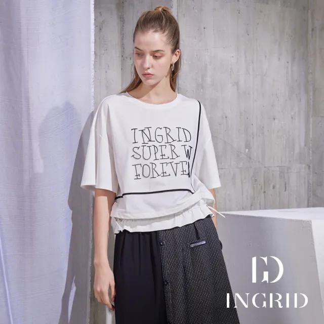 【IGD 英格麗】實體同步款-立體字母刷繡寬版上衣-白色