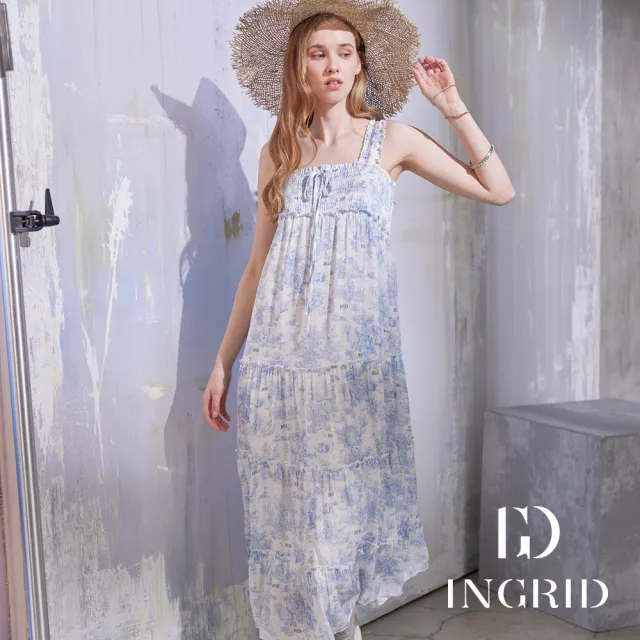 【IGD 英格麗】實體同步款-宮廷復古印花雪紡渡假風寬肩帶長洋裝-藍色