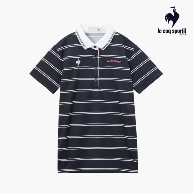 【LE COQ SPORTIF 公雞】高爾夫系列 女款深藍色立體剪裁涼感防曬短袖條紋POLO衫 QLX2J200