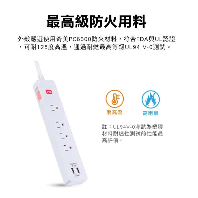 【PX 大通】3年保固台灣製造防火防雷突波快充 usb 1開4插三孔插座電源延長線1.2公尺1切4插4尺(PEC-314U4W)