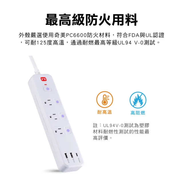 【PX 大通】3年保固防火雷USB TYPE C 4開3插3孔1.8米 電源 插座 三孔 延長線4切3座1.8m6尺(PEC-343P6W)
