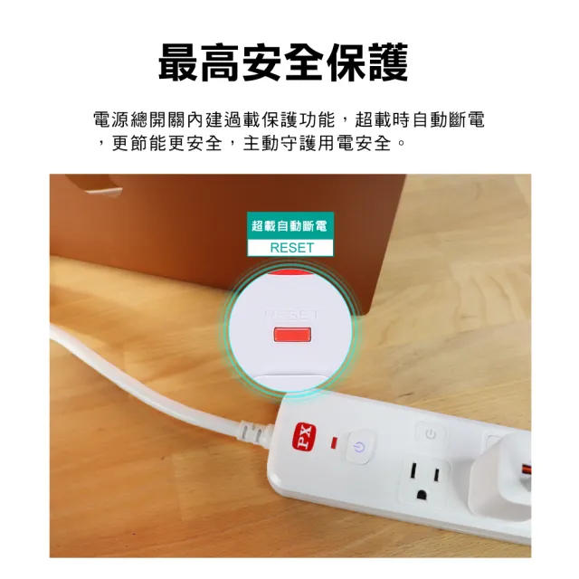 【PX 大通】3年保固防火雷突波7開6插3孔1.8公尺 三孔 插座 電源 延長線7切6座1.8m/6尺(PEC-3766W)