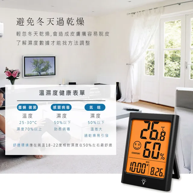 【Beroso 倍麗森】買一送一日式大螢幕可吸式多功能溫溼度計(時鐘 夜燈 寶寶房 開學 雨天 潮濕 電子鐘)
