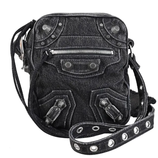 【Balenciaga 巴黎世家】Le Cagole 經典鉚釘水洗丹寧布方包斜背包(黑)