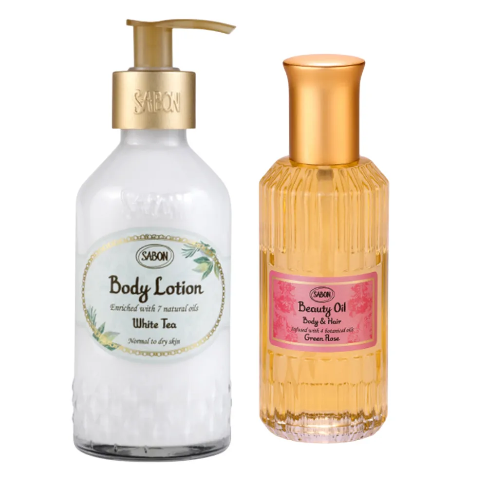 【SABON】潤澤護理組.保濕光萃油100ml+身體乳液200ml(國際航空版.以色列綠玫瑰/白茶/茉莉花語)