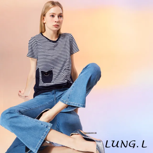 【LUNG.L 林佳樺】LW14E 藍色口袋同色刺繡小喇叭牛仔長褲