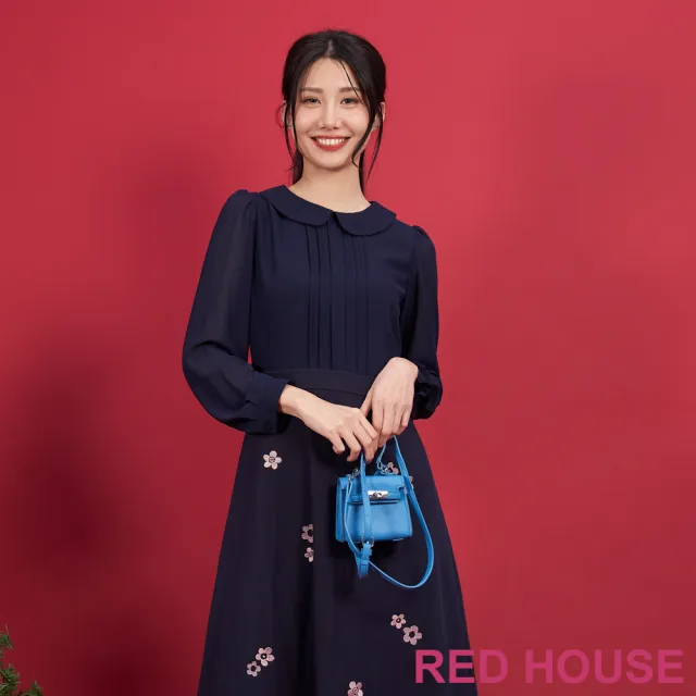 【RED HOUSE 蕾赫斯】氣質娃娃領花朵繡花洋裝(深藍色)