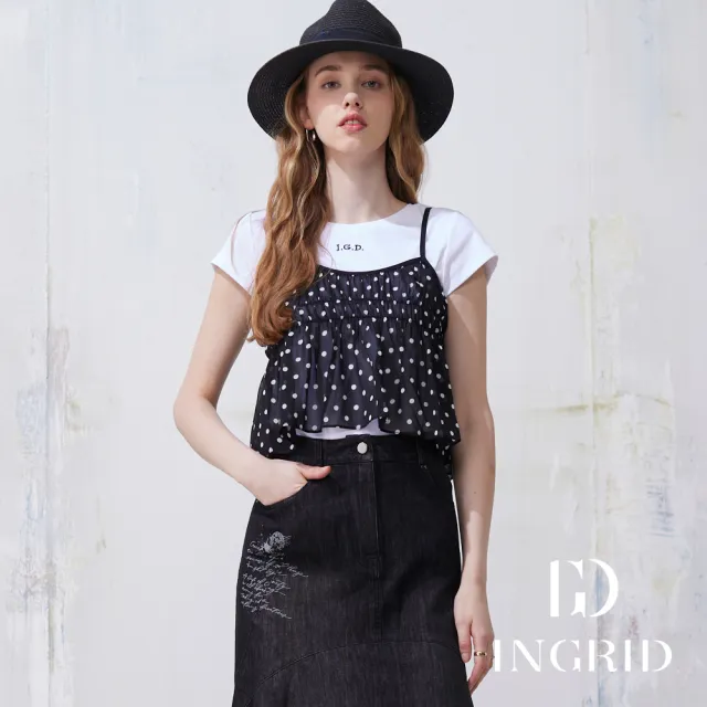 【IGD 英格麗】實體同步款-波點雪紡細肩帶背心+字母白T兩件式組合上衣-黑色