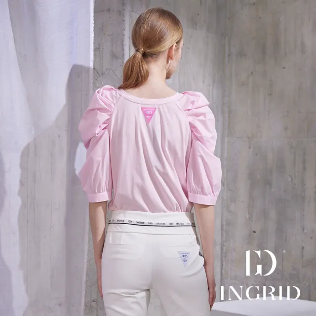 【IGD 英格麗】實體同步款-IGD貼鑽字母羊腿袖上衣-粉紅色