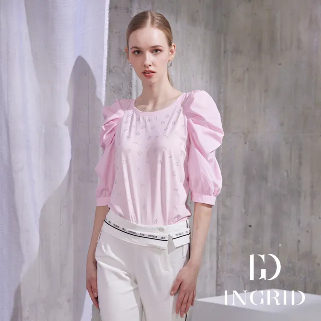 【IGD 英格麗】實體同步款-IGD貼鑽字母羊腿袖上衣-粉紅色