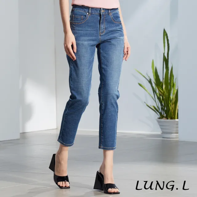 【LUNG.L 林佳樺】LQ03E 藍色二側燙鑽棉質九分牛仔褲