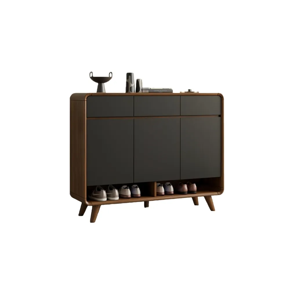 【銘利萊】實木框鞋櫃 新中式鞋櫃 入戶進門室內玄關櫃 一體鞋櫃(三門三抽 胡桃深灰門100*34.5*100)