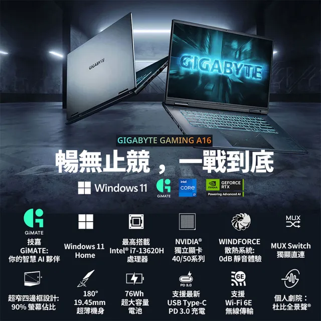 超值27型螢幕★【GIGABYTE 技嘉】16吋i7-13620H RTX5060 電競筆電(A16 CVHI3TW894SH/16G/1TB/W11/WUXGA)