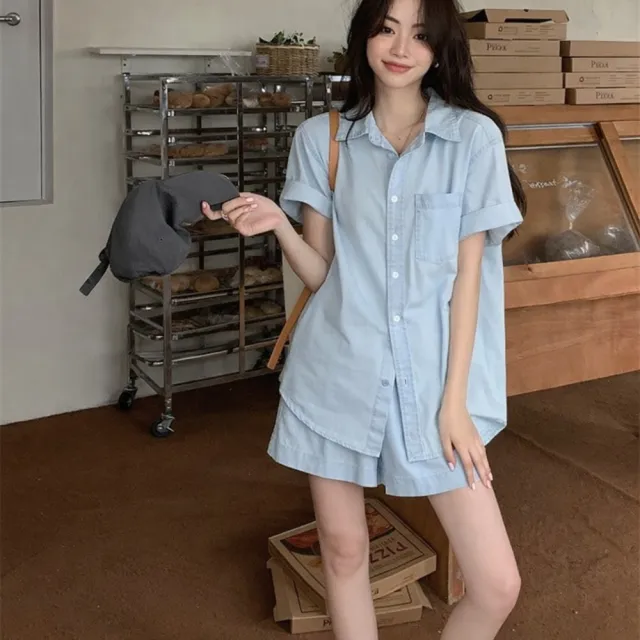 【AS 梨卡】女裝 套裝 冰絲不悶熱 短袖襯衫 冰絲短褲 韓版套裝 夏季套裝 涼爽上衣 HZ120