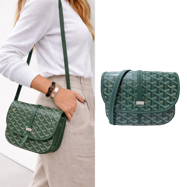 【GOYARD 高雅德】BELVEDERE系列 PM 經典LOGO圖紋翻蓋馬鞍/斜背包(綠色)