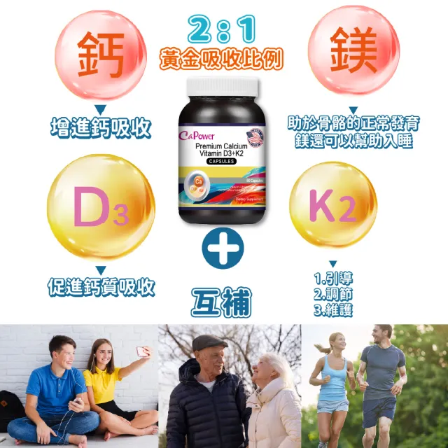 【CaPower 加柏爾】特級鈣維生素D3+K2膠囊3入組(60粒/瓶)-含鈣.鎂.鋅.亞麻仁油.維生素E