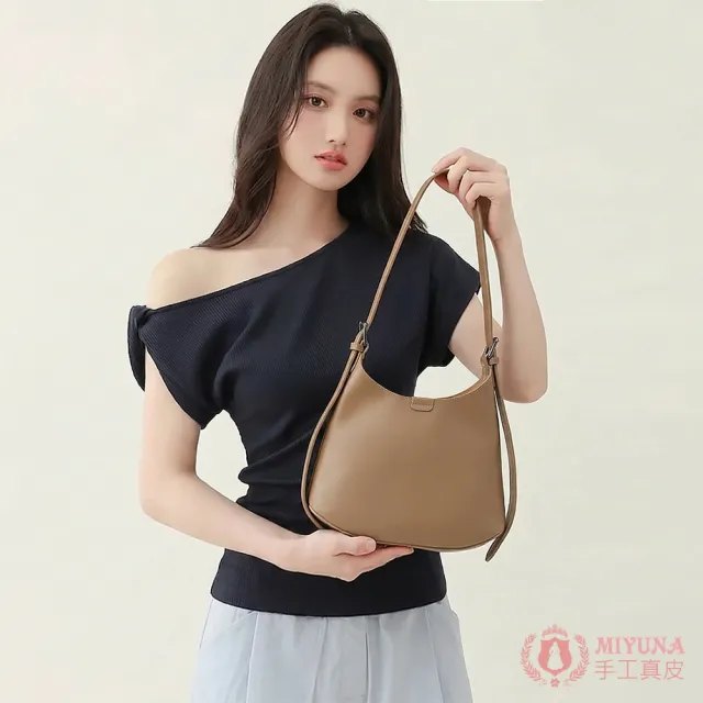 【MIYUNA 米友娜】真皮細紋小牛皮Zorina柔美線條優雅托特包肩背側背包(真皮包包 茶杏色)