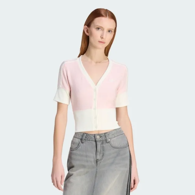 【adidas 愛迪達】V-neck Shirt 女 針織衫 粉紅 亞版 V領 修身 短版(KW4541)