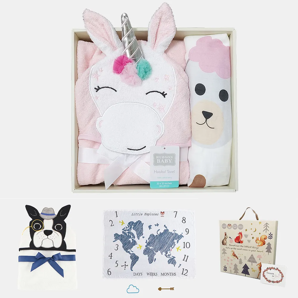 【Hudson Baby】彌月禮盒組-純棉嬰幼兒童動物連帽浴巾+嬰兒成長紀錄萬用透氣竹纖維雙層紗布包巾(哺乳巾)